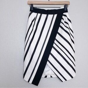 H&M Striped Wrap Skirt 4 Ivory Black High Waisted Lined Front Slit